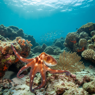 A realistic underwater scene featuring a Pelagic Octopus of the taxonomy octopuses in its natural marine environment
