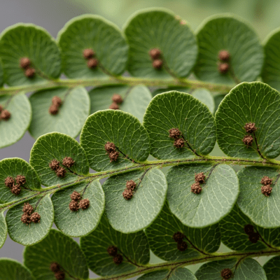 Detailed macro image of the fronds and leaflets of a Pellaea rotundifolia, focusing on texture, venation, and sori (spore cases) if visible