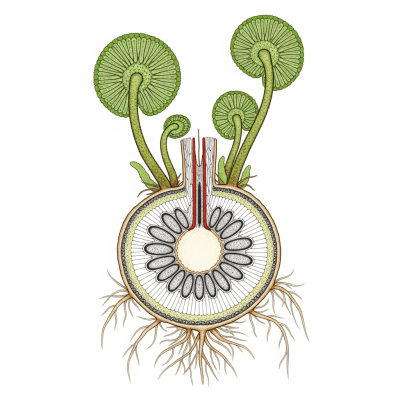 Cross-sectional illustration or photograph of a Pellaea rotundifolia, showing internal structure such as rhizome, roots, and vascular bundles