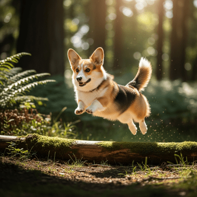 Full body action shot of a Pembroke Welsh Corgi