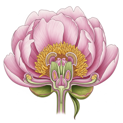 Cross-sectional illustration of a Peony (flowers), showing internal parts such as stem, petals, and reproductive organs