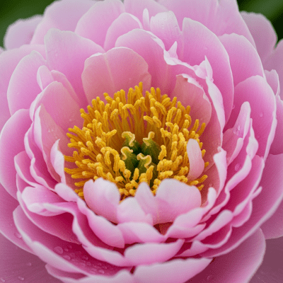 Detailed macro image of a Peony (flowers), focusing on the intricate structure of petals, stamens, and pistil