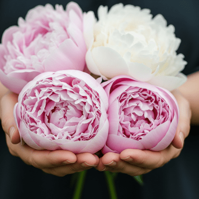 Photograph of a Peony (flowers) being held or interacted with by a person in a gentle way