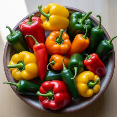 A high resolution image of several fresh Pepper (Capsicum)s arranged in a simple bowl, representing their use within the taxonomy berries