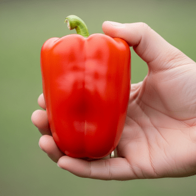 A factual photograph of a hand holding a ripe Pepper (Capsicum), illustrating its size and appearance for the taxonomy berries