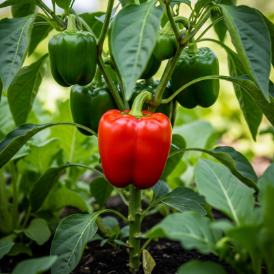 A naturalistic photograph of a Pepper (Capsicum) growing on its plant in its typical environment, representing the taxonomy berries