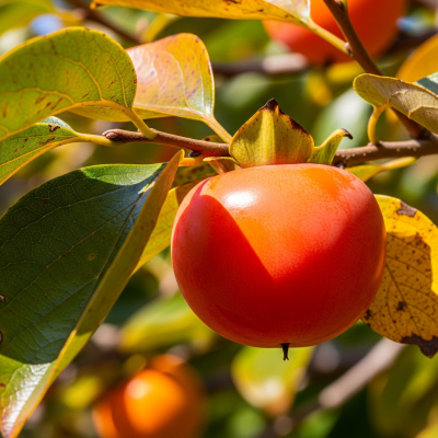 A photograph of a fresh Persimmon from the fruits taxonomy as it appears in its natural growing environment, such as on a tree, bush, or vine