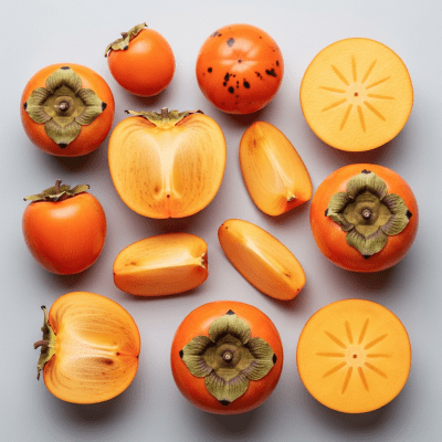 An overhead view photograph of several pieces of the Persimmon, from the fruits taxonomy, arranged aesthetically on a plain background