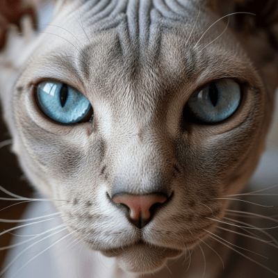 Close-up macro photograph of the face of a Peterbald