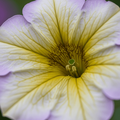 Detailed macro image of a Petunia (flowers), focusing on the intricate structure of petals, stamens, and pistil