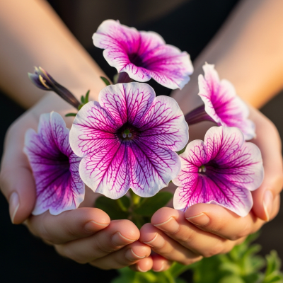 Photograph of a Petunia (flowers) being held or interacted with by a person in a gentle way