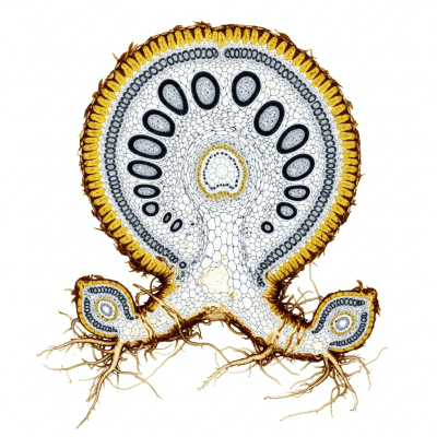 Cross-sectional illustration or photograph of a Phlebodium aureum, showing internal structure such as rhizome, roots, and vascular bundles