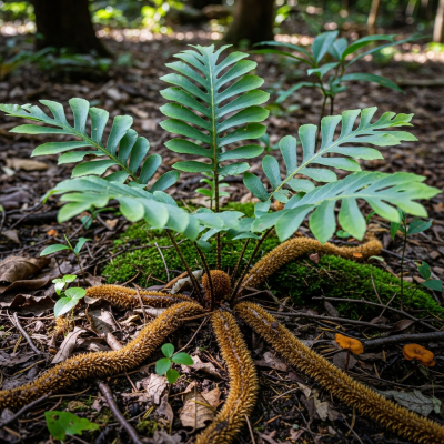 Photograph of a Phlebodium aureum, of the taxonomy ferns, shown growing in its natural environment, such as a forest understory or shaded woodland