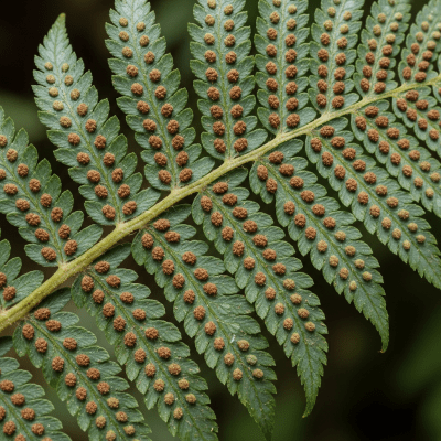 Photograph of a mature Phlebodium aureum, with visible sporangia or sori on the underside of its fronds, highlighting its reproductive structures
