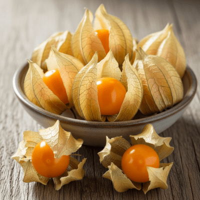 A high resolution image of several fresh Physalis (Cape Gooseberry)s arranged in a simple bowl, representing their use within the taxonomy berries
