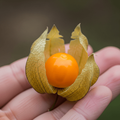 A factual photograph of a hand holding a ripe Physalis (Cape Gooseberry), illustrating its size and appearance for the taxonomy berries