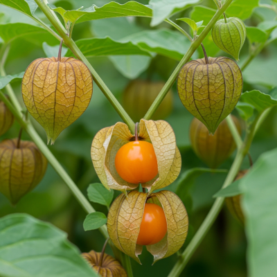 A naturalistic photograph of a Physalis (Cape Gooseberry) growing on its plant in its typical environment, representing the taxonomy berries