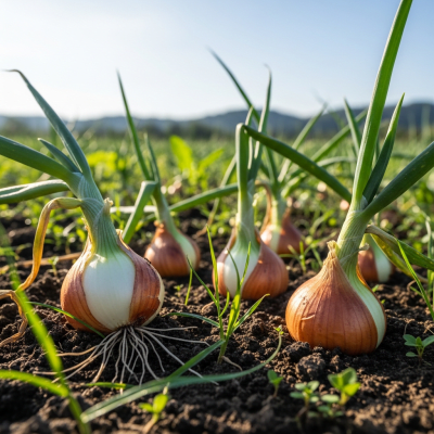A photograph of a Pickling onion (onions) in its natural environment or growing in soil