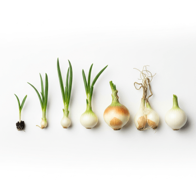 An image showing multiple stages of growth for a single type of Pickling onion (onions), from seedling to mature bulb