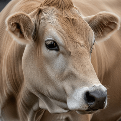 Close-up photograph of the head and face of a Piedmontese, focusing on distinctive features such as eyes, ears, and fur texture