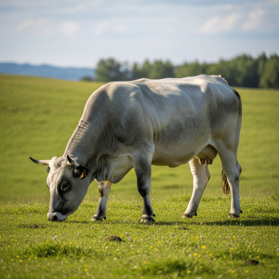 Naturalistic image of a Piedmontese in its typical environment, such as a grassy pasture or open field