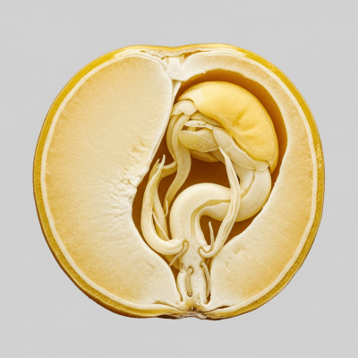 A cross-sectional view of a single Pigeon Pea (beans), sliced cleanly to reveal its internal structure and composition