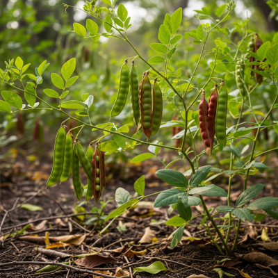 An image of Pigeon Pea, belonging to the taxonomy beans, displayed in its natural environment—such as growing on a plant or vine, surrounded by leaves and soil