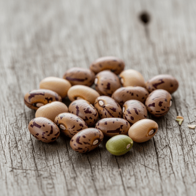 A handful of uncooked Pigeon Pea beans (beans) scattered on a rustic wooden surface, photographed in natural light to emphasize their variety and color