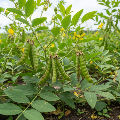 Photograph of the Pigeon Pea (legumes) growing naturally on its plant in an outdoor agricultural or garden setting, showing leaves, pods, and surrounding soil or greenery