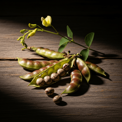 Editorial-style image of the Pigeon Pea from the taxonomy legumes, arranged artfully on a rustic wooden surface with dramatic lighting to highlight its unique shape and color.