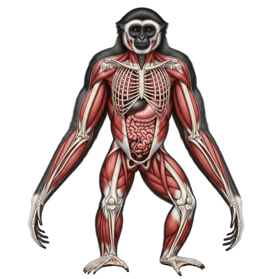 Detailed anatomical illustration of a Pileated gibbon, part of the taxonomy apes