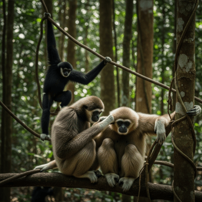 Image showing a group of Pileated gibbon (apes) engaging in typical social behavior