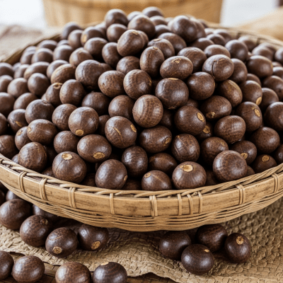 Photo showing harvested Pili nut (nuts) nuts in bulk, such as in baskets or containers