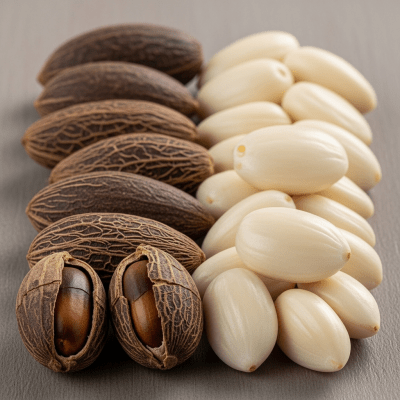 Image of a handful of unshelled and shelled Pili nut (nuts), side by side