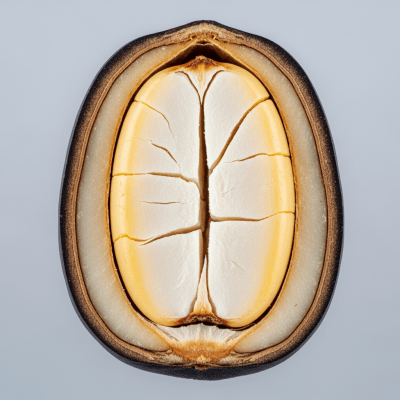 Macro close-up image showing the interior cross-section of a Pili nut (nuts)