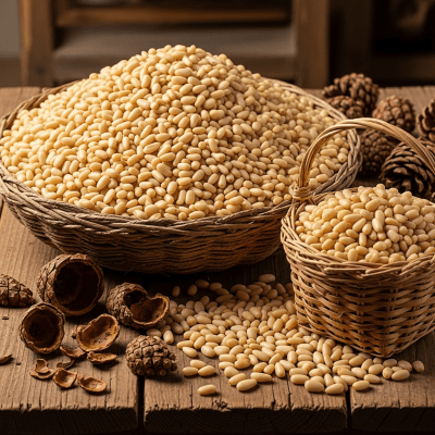 Photo showing harvested Pine nut (nuts) nuts in bulk, such as in baskets or containers