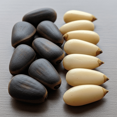 Image of a handful of unshelled and shelled Pine nut (nuts), side by side