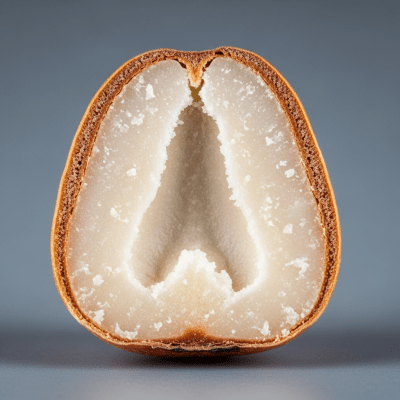 Macro close-up image showing the interior cross-section of a Pine nut (nuts)