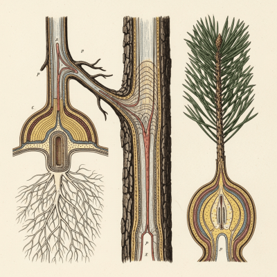 Detailed botanical illustration of the internal structure of a Pine