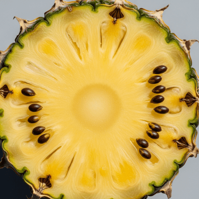 A close-up image showing a cross-section of the Pineapple, belonging to the fruits taxonomy