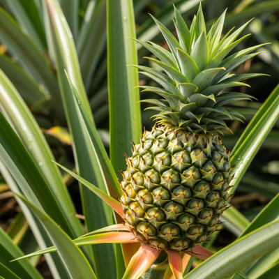 A photograph of a fresh Pineapple from the fruits taxonomy as it appears in its natural growing environment, such as on a tree, bush, or vine