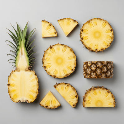 An overhead view photograph of several pieces of the Pineapple, from the fruits taxonomy, arranged aesthetically on a plain background