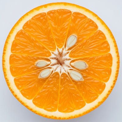 A detailed close-up cross-sectional image of a Pineapple Orange from the oranges taxonomy, sliced cleanly in half to reveal the interior segments, pulp, and rind structure