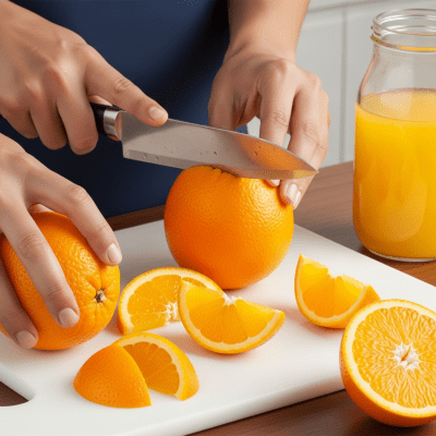 A realistic depiction of a Pineapple Orange from the oranges taxonomy being used in a culinary context, such as being sliced on a cutting board or prepared for juice