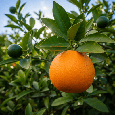 A naturalistic scene featuring a Pineapple Orange from the oranges taxonomy growing on a tree with leaves and branches visible