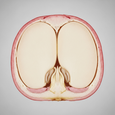 A cross-sectional view of a single Pink Bean (beans), sliced cleanly to reveal its internal structure and composition
