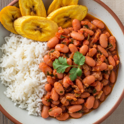 Image of cooked Pink Bean (beans) presented as part of a traditional dish or cuisine, plated attractively and photographed from above