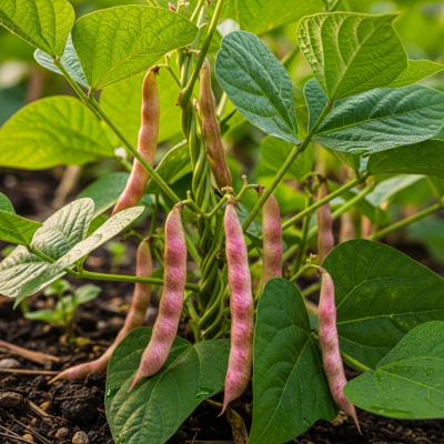 An image of Pink Bean, belonging to the taxonomy beans, displayed in its natural environment—such as growing on a plant or vine, surrounded by leaves and soil