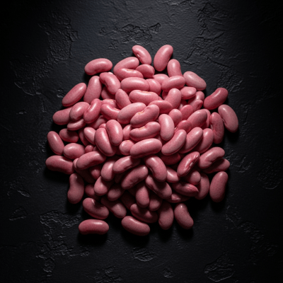 Editorial-style photograph of Pink Bean, part of the taxonomy beans, arranged aesthetically on a dark background with dramatic lighting to highlight its shape and color.