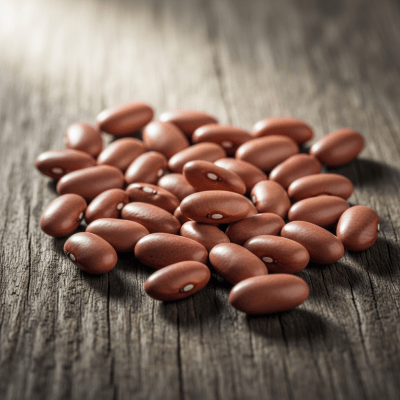 A handful of uncooked Pink Bean beans (beans) scattered on a rustic wooden surface, photographed in natural light to emphasize their variety and color
